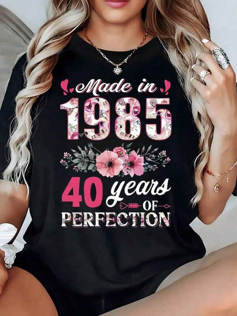 Number 1985 With Floral Print And Text Celebrating Four Decades Of Perfection, Ideal For Anniversaries, Women's T-Shirt, 100% Cotton - 黑色 - 查看 1
