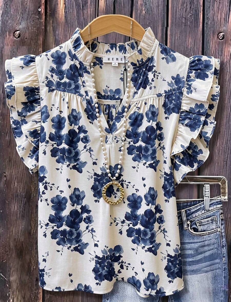 Floral Print Flutter Sleeve Top - Women's Spring & Summer Clothing - Blue and White - View 1