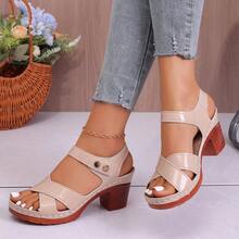 Vintage PU Leather Rivet Inlaid Chunky High Heel Open Toe Sandals, Spring/Summer - Khaki - View 15