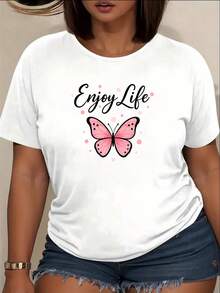 Camiseta de manga corta con estampado de mariposa "Enjoy Life", una prenda casual para uso diario, hecha de poliéster suave y transpirable con elasticidad media, lavable a máquina, ropa de mujer, camiseta de cuello redondo, una prenda versátil para uso diario, perfectamente adecuada para el estilo callejero vintage de verano, camiseta unisex de algodón holgada de manga corta y cuello redondo. - Blanco - Ver 1
