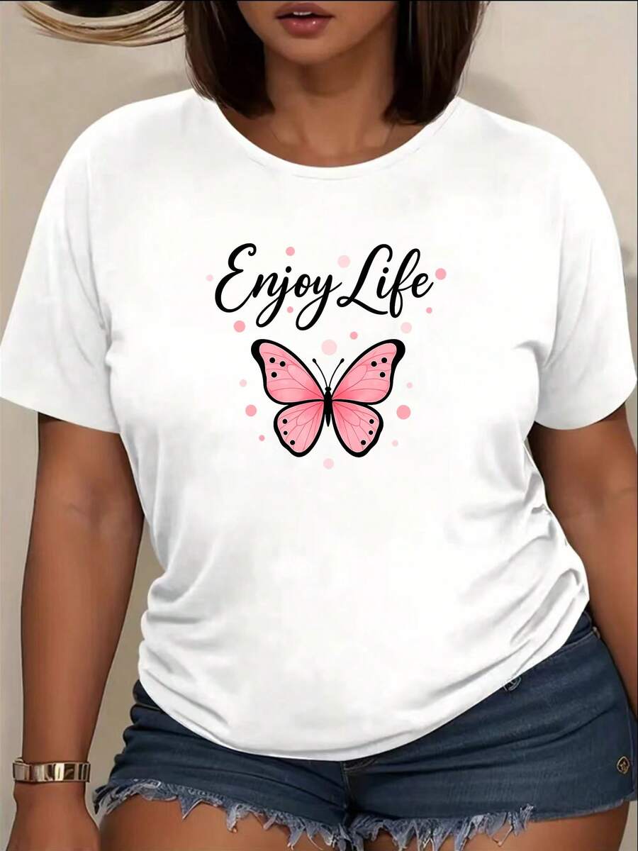 Camiseta de manga corta con estampado de mariposa "Enjoy Life", una prenda casual para uso diario, hecha de poliéster suave y transpirable con elasticidad media, lavable a máquina, ropa de mujer, camiseta de cuello redondo, una prenda versátil para uso diario, perfectamente adecuada para el estilo callejero vintage de verano, camiseta unisex de algodón holgada de manga corta y cuello redondo. - Blanco - Ver 1