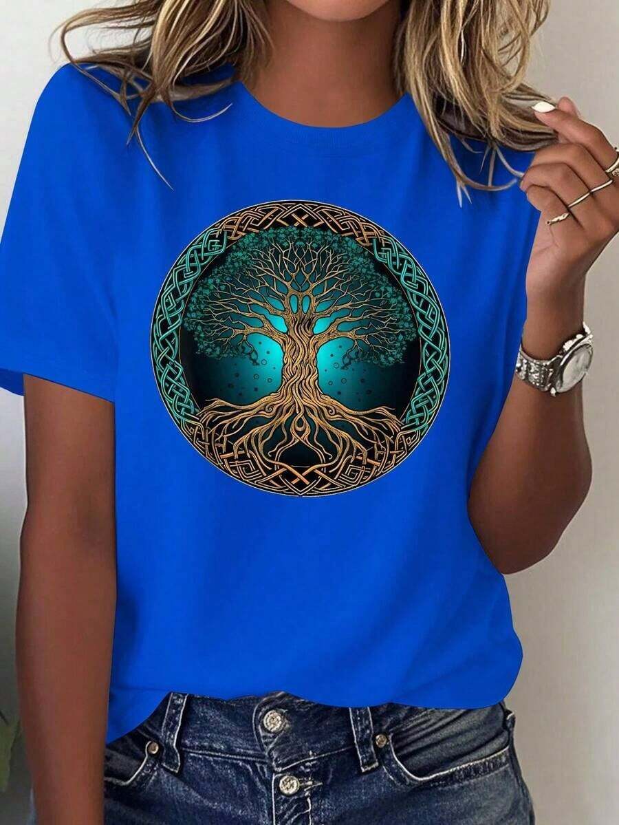 ComfortableCamisetas con Estampados Gráficos, Color Sólido, Camiseta Estampada para Mujer, Cómoda, Versátil, Casual, Manga Corta, 100% AlgodónLoose Versatile Short Sleeve T-shirt for Women - Azul - Ver 1
