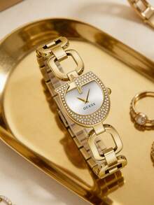Guess Women's Gold Tone Oval Watch Crystal Pave Bezel Link Bracelet White Dial Elegant Dress Wristwatch Fashion Statement Timepiece For Bridal Event High Tea Party Date Night Ideal Gift For Bridesmaid Best Friend Birthday Anniversary - 金色 - 查看 4