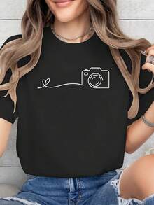 Camiseta de manga corta con cuello redondo para mujer, con estampado geométrico de latidos del corazón, 180g, 100% algodón. - Blanco - Ver 8