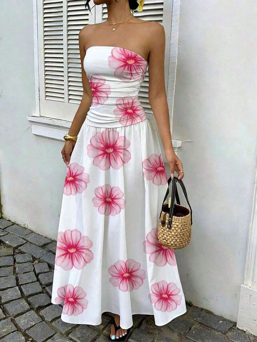 YkhahaMainGRL Vestido bandeau con cintura ceñida y estampado de lunares, estilo vacacionalYkhaha - Multicolor 6 - Ver 1