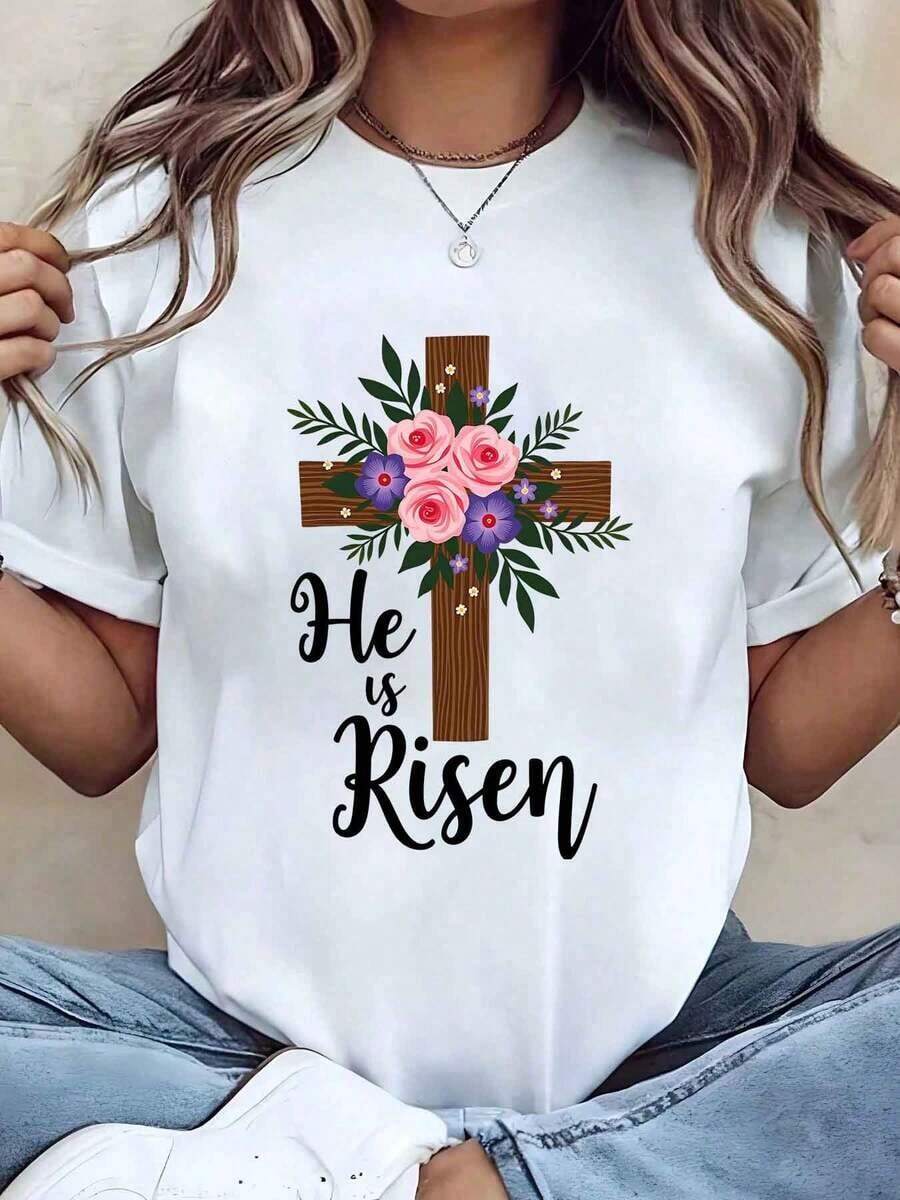 Camiseta Moderna Minimalista para Mujer con Estampado de Cruz y Flores "Él Ha Resucitado", Cuello Redondo, Casual, para Pascua, Primavera, Regalo, Uso Diario - Blanco - Ver 1