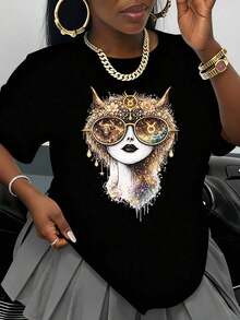 ropa de mujer Camiseta de mujer estilo boho artístico con estampado de diosa mística y gafas de sol cósmicas para uso casual en primavera y verano, regalo perfecto para amantes de la moda, top de manga corta para mujer, camiseta de cumpleaños, cómoda de llevar, hecha de algodón puro de baja elasticidad, versátil, cómoda de usar, camiseta casual, adecuada para primavera, verano, otoño e invierno, la mejor opción para un regalo de cumpleaños, camisas de mujer - Negro - Ver 6