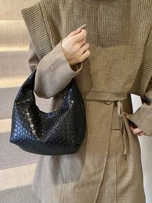 Underarm Baguette Bag, Suitable For Outings, Dates And Commuting. Fashionable Asymmetric Square Handbag, PU Woven Texture Tote Bag, Daily Work Bag, Top Handle Wallet (Pattern Random) - Black - View 8