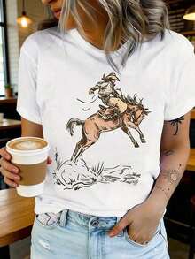 Camiseta de Mujer con Estampado de Vaquera y Caballo - Suave, Transpirable, Cuello Redondo, Manga Corta, Lavable a Máquina, Camiseta Casual de Verano para Primavera y Verano. - Blanco - Ver 5