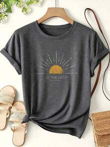 Women's Pure Cotton Casual T-Shirt, Simple And Elegant Print, Round Neck, Short Sleeve, Fun Summer Urban Style, Surprise Gift For Family And Friends - 灰色 2 - 查看 2