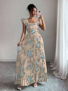 xheSelianne Vestido largo con estampado floral elegante y vuelo plisado en el bajo para mujer, para veranoxhe - Rosa Pálido - Ver 5