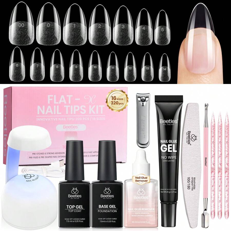 Beetles 320Pcs 16Sizes Flat-X Almond Medium Nail Tips Kit, 20g Hand-Free Nail Glue Gel, 10ml Glue Remover, 7.5ml Base Gel & Top Coat With Mini UV Lamp, Acrylic Press On Nail Extension DIY Home Manicure - 320Pcs Almond Medium (Hand-Free Glue+Remover) - 查看 1