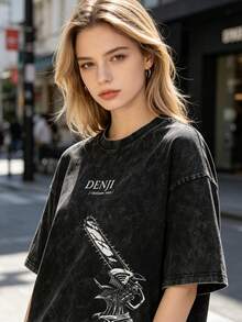 Retro Washed Printed Chainsaw Acid Man Anime Vintage T-Shirt Mens Washed Cotton T-Shirt Short-Sleeved Round-Neck T-Shirt - 黑色 - 查看 6