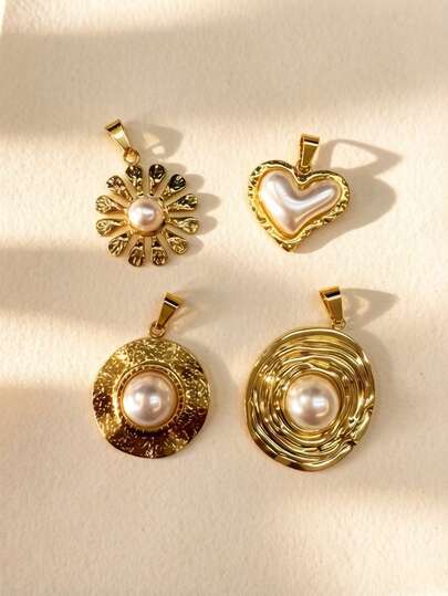 Random Set Luxury Gentle Pearl DIY Charms, Hypoallergenic Stainless Steel With Hammered/Textured Gold Frame, Mix & Match To Suit Any Outfit, Chic Statement For Daily Wear, Mix & Match For Anniversary & Parties, Eye-Catching Gift Jewelry, Wear Alone Or Layered, Must-Have For Office & Daily Wear, Polished Gold Tone With Central Round Pearl, Comfortable All-Day Wear, Fits Various Chain Styles, Great For School Days & Casual Weekends