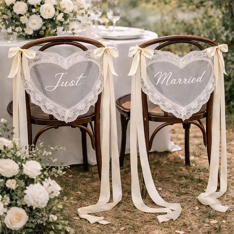 1 bộ biển trang trí ghế cưới bằng ren voan mỏng "Just Married" dành cho cô dâu và chú rể, trang trí ghế cưới phong cách Boho, băng rôn trang trí ghế cưới. - Nhiều màu - Xem 1