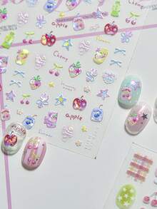 1pc Hand-Painted Apple Nail Art Sticker, Cute 5D Fresh Fruit Nail Accessory, Handmade Nail Decal, Nail Jewelry, Suitable For Women And Girls, Quality Nail Product, Short Nail Sticker, Summer Nail Sticker - Multicolor - View 2