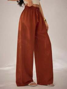 Pantalones casuales rectos y sueltos con cinturón de unicolor para mujer, versátiles para invierno, Navidad y primavera - Color caoba - Ver 6