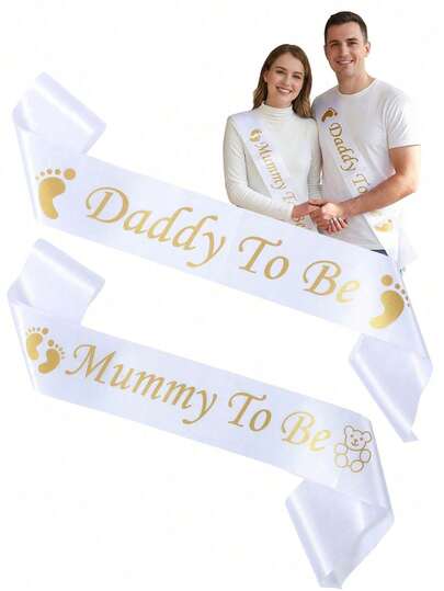 2pcs Soon To Be Mommy And Daddy Sash, Baby Shower Sash, Gold Footprint Bear Design Satin Ribbon, Baby Shower Decorations, Newborn Party Decor, Gender Reveal Party, Soon To Be Parents Party Favor, Baby Shower Party Supplies, Baby Shower Gift