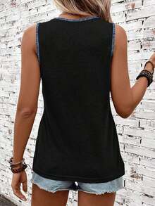 Camiseta de tirantes holgada de verano para mujer, estampado de patrón de correa de mezclilla, elegante y versátil, apta para uso casual, vacaciones y paseos, con un estilo minimalista y retro - Multicolor 7 - Ver 6