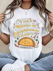 Women's Graphic T-Shirt, Casual Loose Fit, With Graphic Print Of "The Queen Of The Empanada Is Here", With Smiling Empanada And Chillies Design, For Daily Use And For Food Lovers. - 白色 - 查看 3