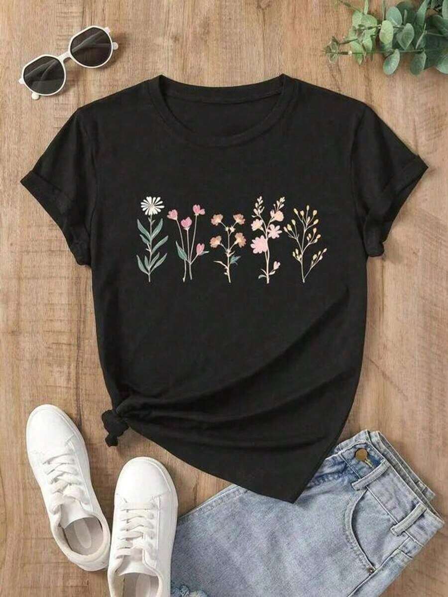 Under The Radar Women's Floral Print Crew Neck T-Shirt, Vintage Street Style Unisex Loose Cotton Short Sleeve Crew Neck T-Shirt - 黑色 - 查看 1