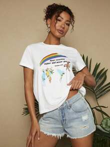 Camiseta de punto de ajuste regular en unicolor para vacaciones con patrón impreso,Playera Gráfica Oversized Mujer Verano Casual - Blanco - Ver 3