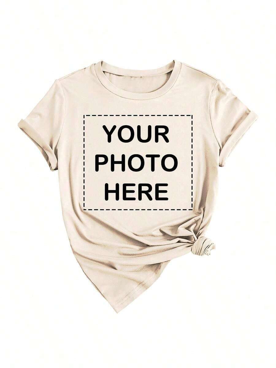 Soft 100% Cotton T-Shirt, Personalized - Add Your Own Text/Images (Badge, Company Logo, Family Photo, Selfie) To Design Your Own Custom Printed T-Shirt. Add Your Favorite Photos And Text (Girlfriend, Partner, Family, Selfie, Pet, Photos Of Friends) For A Personalized Printed T-Shirt, Suitable For (Anniversary, Wedding Promise, Engagement, Couple Formation), Suitable For Group Customization For Best Friends/Sisters, Suitable For Daily Wear/Wedding Party/Company Meeting/Family Reunion, Christmas Gift, Mother's Day, Father's Day, Chic Autumn Style, Chic Utilitarian Style, New Autumn Style For Women, Graphic Print, Casual Wear, Summer White T-Shirt, Eternal Love. Breathable Cotton T-Shirt, Goes With Everything. - 杏色 - 查看 1