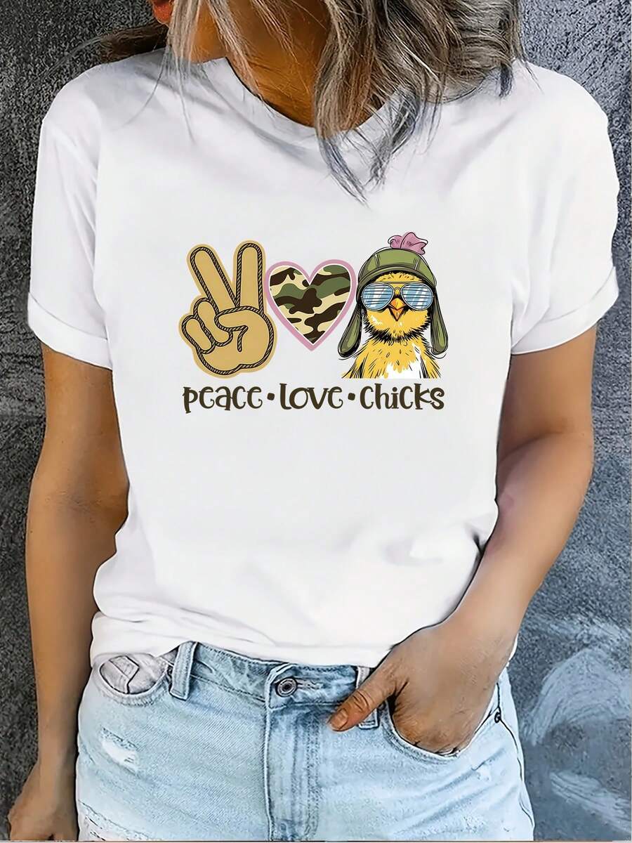 Women's T-Shirt With Chicken And Peace Print - Short Sleeve, Round Neck, With A Cute Chicken Design, Machine Washable, Suitable For Casual Wear In Spring And Summer, For Easter Gifts, Daily Wear, Poultry-Themed Outfits - Unisex Vintage Urban Style T-Shirt, Made Of Cotton, Short Sleeve And Round Neck. - 白色 - 查看 1