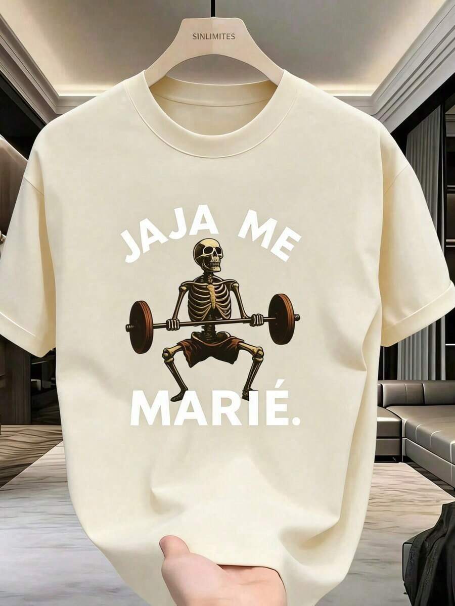 Free Shipping, Local Delivery In Mexico. Delivery In 4 Days. Funny Gym T-Shirt - Black T-Shirt With Skeleton Graphic Lifting Weights And "Haha Yo Marie" Text - Durable Workout Gym Tee, Streetwear - Machine Washable Regular Fit Short Sleeve T-Shirt - Fitness Clothing, Gym Tees, Casual Streetwear, Crew Neck, Bold Graphic Print - 杏 - 查看 1