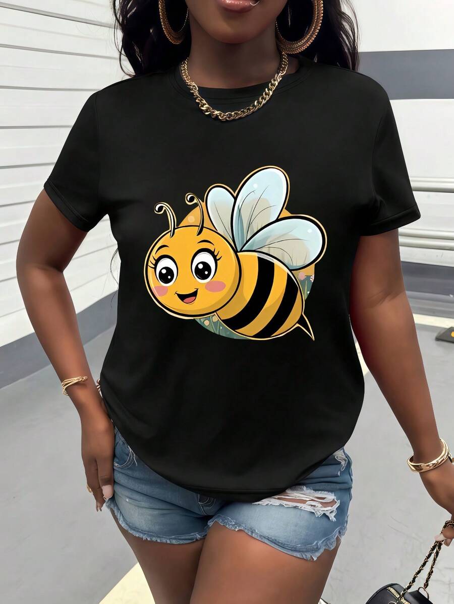 Camiseta de mujer de algodón puro, estilo casual holgado, con estampado de abeja de dibujos animados, manga corta y cuello redondo, diseño de cara sonriente, alas a rayas amarillas y negras, alegre y vibrante, adecuada para uso diario informal, estilo universitario, regalo para el Día de la Madre, celebración del Día del Niño, ropa exterior para protección solar, ideal para ir al trabajo y citas. - Negro - Ver 1