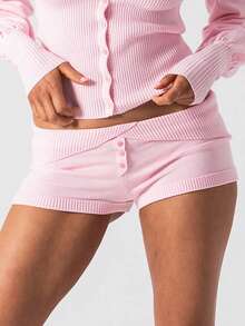 Women's Knit Shorts Casual Slim Fit Stylish Solid Color Buttons Ribbed Elastic Low Rise Shorts - Pink - View 4