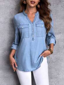 Camisa Vaquera De Manga Larga Con Cuello Con Muescas Para Mujer - Lavado ligero - Ver 7