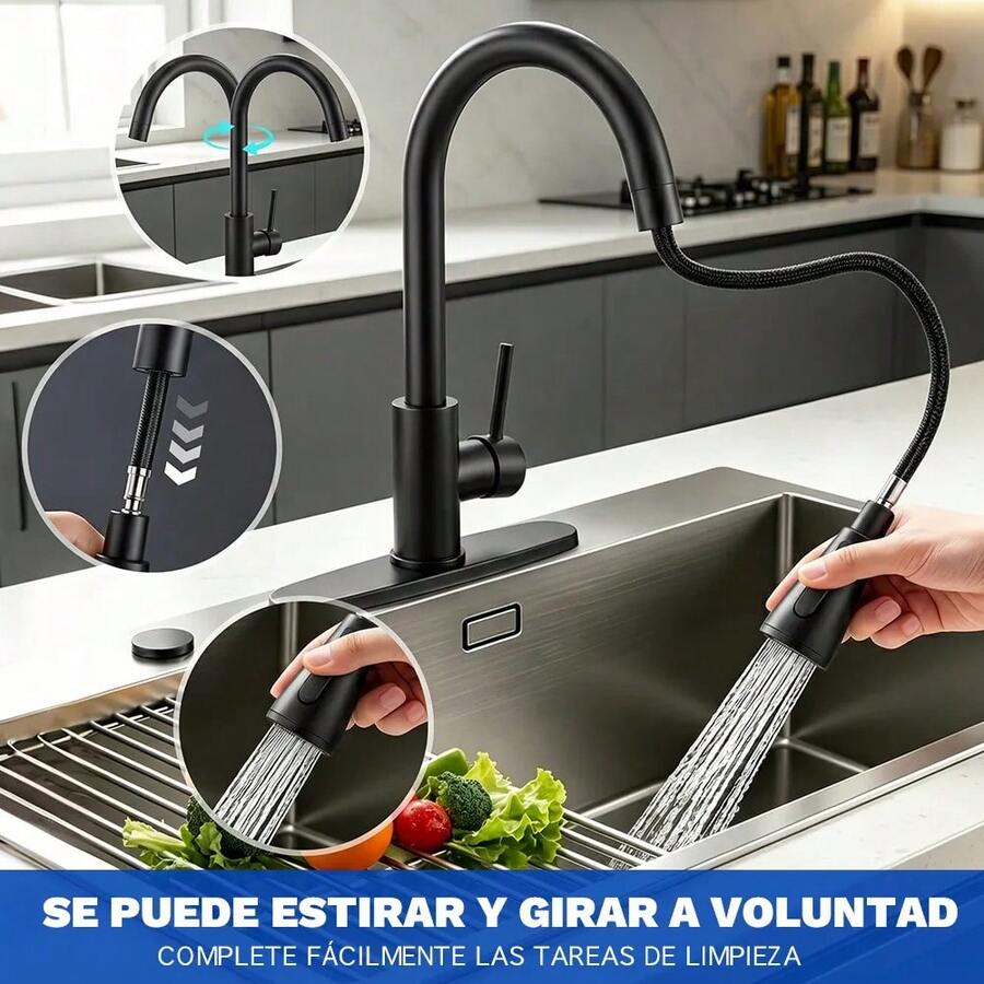Grifo Mezclador De Cocina Monomando Extraíble De Acero Inox - Negro - Ver 1