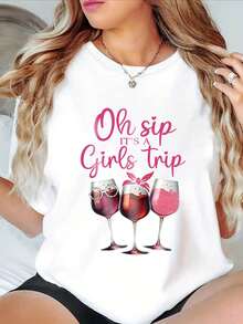 Women's T-Shirt With 'Getaway Oh Sip IT'S A Trip' Letter Print, Round Neck, Short Sleeve Spring/Summer Top, Ideal For Getaways And Enjoying Life To The Fullest. - 白色 - 查看 1