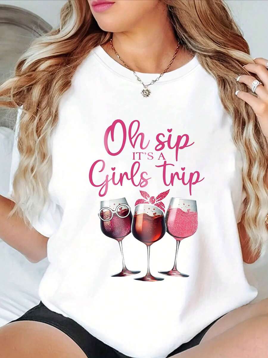 Women's T-Shirt With 'Getaway Oh Sip IT'S A Trip' Letter Print, Round Neck, Short Sleeve Spring/Summer Top, Ideal For Getaways And Enjoying Life To The Fullest. - 白色 - 查看 1