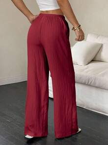 Pantalones de pierna ancha con bolsillo en diagonal, cintura anudada y tela de textura de unicolor para mujer - Negro - Ver 9