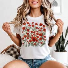Poppy Flower Shirt, Red Poppy T-Shirt, Wildflower Shirt, Floral Cottagecore T-Shirt, Botanical Shirt, August Flower Gift For Women - 白色 - 查看 5