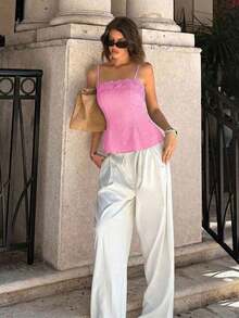 Camiseta de mujer con encaje francés, parches y volantes con dobladillo plisado - Rosa - Ver 8