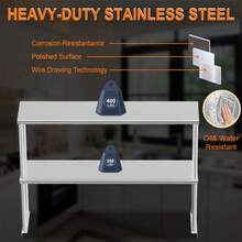 Estante superior doble de acero inoxidable de alta resistencia para mesa de preparación y trabajo – Estante de almacenamiento comercial de cocina NSF de 2 niveles ajustable – Perfecto para restaurante, bar, garaje, sala de utilidades - / - Ver 3