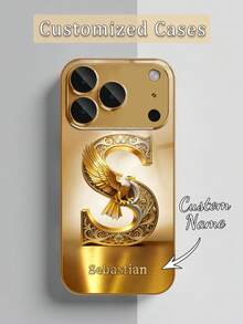 1個客製化姓名手機殼，金鷹字母奢華設計，高解析度電鍍金玻璃手機殼，相容於 17 Pro Max/16 Pro Max/15/14 Plus/13 Pro/12 Pro Max/11/Xs Max/8/7/6 Plus，時尚、多彩、可愛、有趣、極簡、配套手機殼 - 金色 - 查看 5