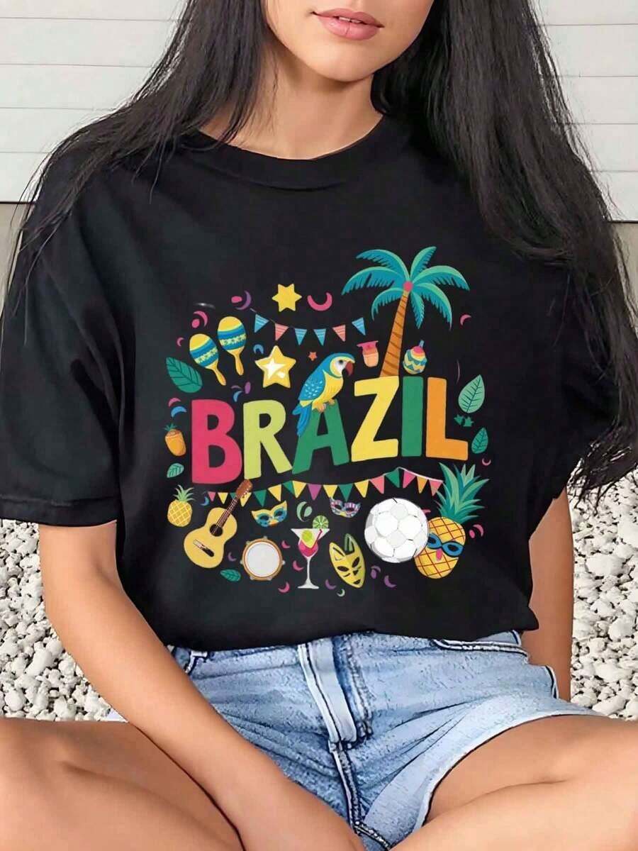 1 Piece Of Women's T-Shirt With Brazilian Carnival Print And Text, For Everyday Use, Round Neck, Short Sleeve, Soft And Comfortable, 220 G/M², 180 G, 100% Cotton. - 黑色 - 查看 1