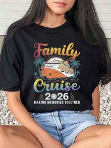 1 Piece Women's Family Travel T-Shirt 2026 Creating Memories Together Tropical And Palm Tree Print Summer Vacation Gift Daily Wear Round Neck Short Sleeve Soft And Comfortable 220Gsm 180g 100% Cotton - 黑色 - 查看 1