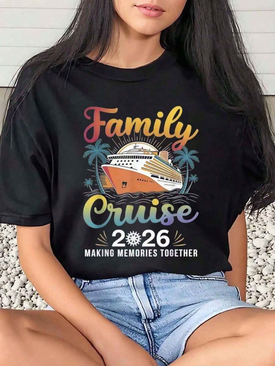 1 Piece Women's Family Travel T-Shirt 2026 Creating Memories Together Tropical And Palm Tree Print Summer Vacation Gift Daily Wear Round Neck Short Sleeve Soft And Comfortable 220Gsm 180g 100% Cotton - 黑色 - 查看 1