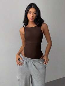 Body sin espalda de punto de unicolor casual para mujer - Marrón - Ver 5