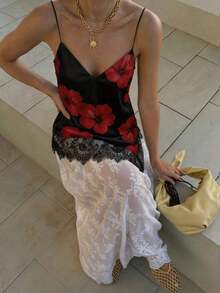 Camiseta elegante y sexy de mujer con estampado de leopardo y encaje en contraste, camiseta de estampado de leopardo elegante, top de fiesta, atuendos de playa y vacaciones para mujeres, top para salir - Blanco 4 - Ver 1