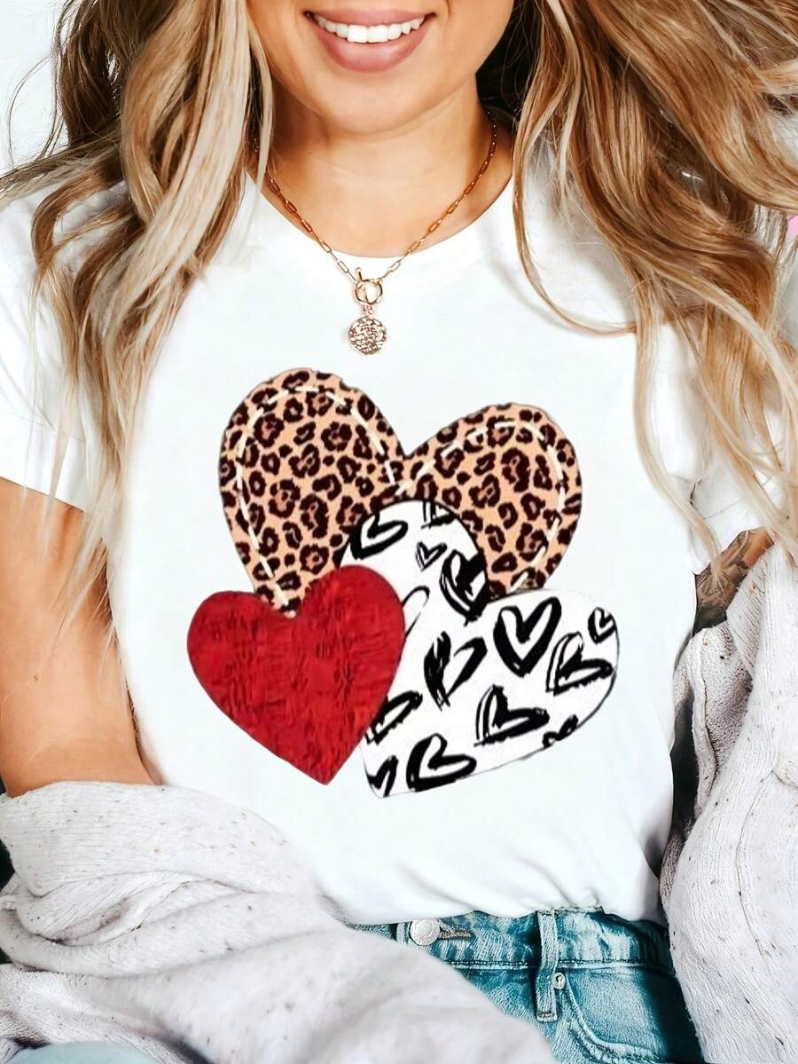 Leopard Heart Graphic T-Shirt, 100% Cotton Oversized Soft Breathable Casual Crewneck Short Sleeve Top, Romantic Aesthetic Summer Vibes Tee For Women & Animal Lovers - 白色 - 查看 1