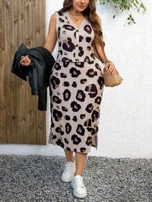 Conjunto de 2 piezas de mujer talla grande con estampado de leopardo - Top y falda, para primavera, casual de negocios, sencillo y de moda, atuendo de vacaciones, para uso diario, atuendo de verano, playa - Albaricoque - Ver 4