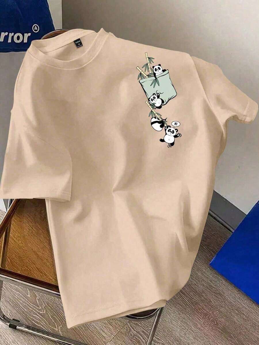 Camiseta gráfica de panda divertida para hombres , adecuada para exteriores y escuela - Caqui - Ver 1