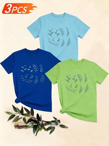 Women's T-Shirts, Women's T-Shirts, Casual One-Piece T-Shirt With Plant Leaf Print, Comfortable Cotton Top With Round Neck And Short Sleeves, Everyday Wear For Women. - 1件黑色隨機圖案 - 查看 6