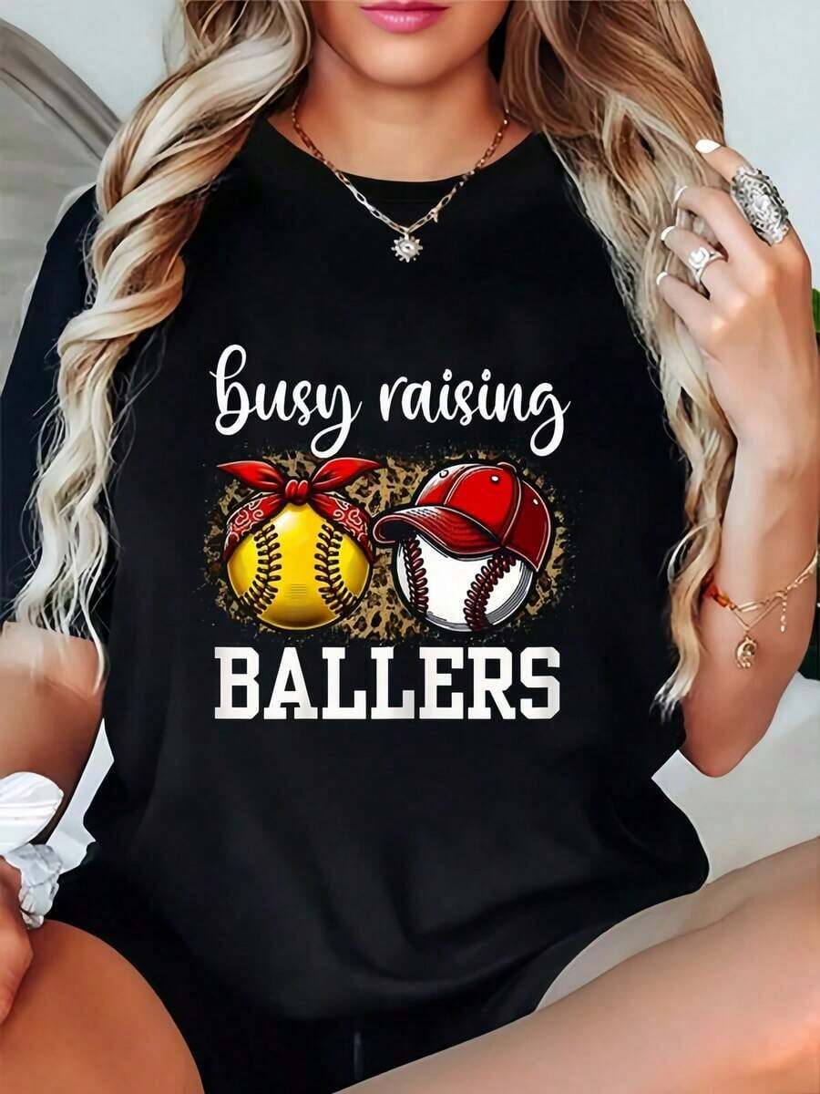 GiftGift1pc Women's T-Shirt With 'Busy Raising Ballers' Print, Round Neck, Casual Cotton T-Shirt, Medium Elasticity Knit Fabric, Regular Fit For Women, For Spring/Summer/Autumn, Soft - 黑色 - 查看 1